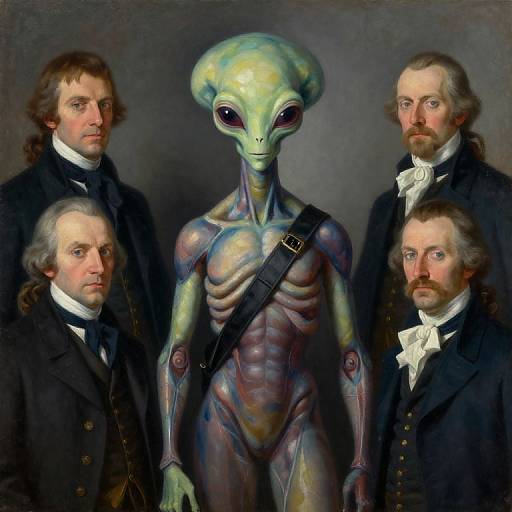 Photorealistic painting: Four 19th-century men in black coats surround a green, alien-like, humanoid figure with large eyes and a sash