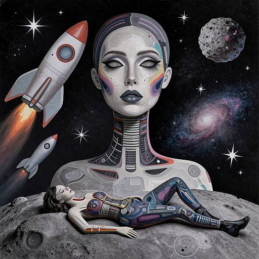 Surreal Galaxy Woman with Rockets on the Moon