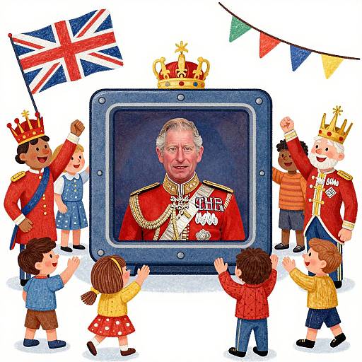 Colorful illustration of children with crowns and British royal uniforms, cheering around a TV screen showing an elderly, white-haired man in a red military jacket