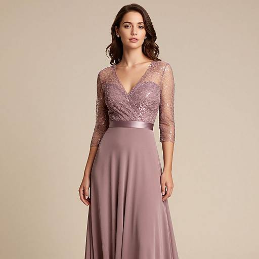 Photograph of a brunette woman with wavy hair, wearing a lavender, V-neck, lace-embellished dress with three-quarter sleeves and a