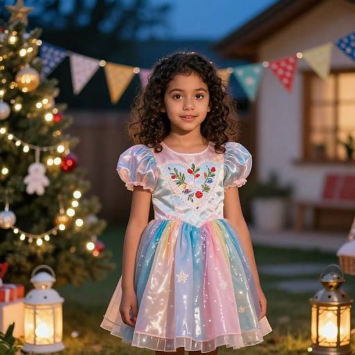 Photograph of a curly-haired young girl with light brown skin, wearing a pastel-colored, floral-embroidered dress, standing in a twilight