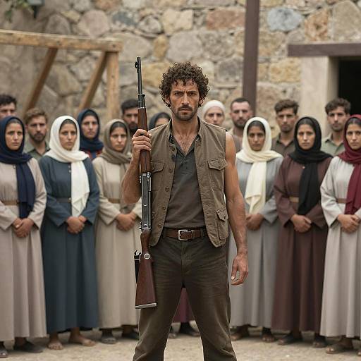 Man Holding Rifle in Stone Courtyard with Group