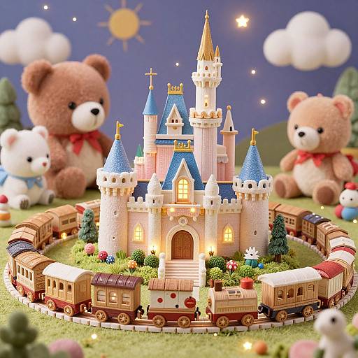Photograph of a colorful, detailed castle train set with blue-roofed towers, surrounded by plush brown and white teddy bears, under a star