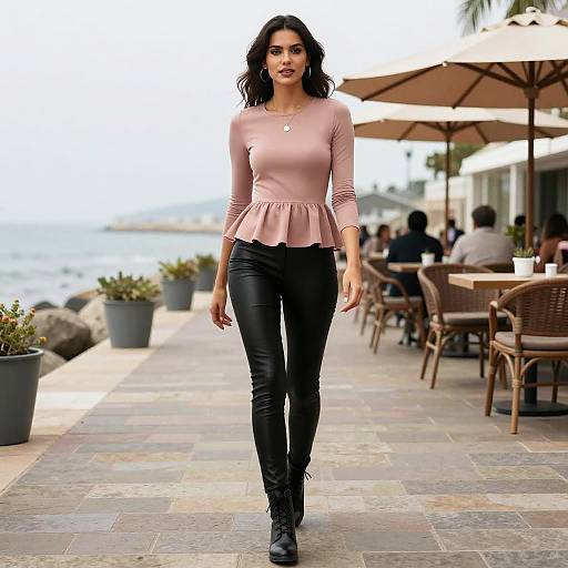 Photograph of a confident woman with wavy black hair, wearing a pink long-sleeve top and black leather pants, walking on a stone-p