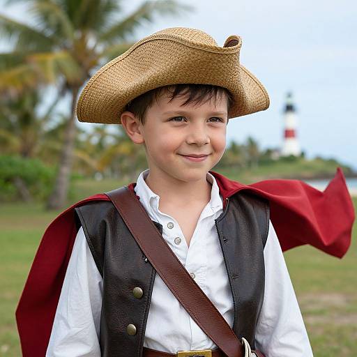Photograph of a smiling young boy in a white shirt, black vest, and straw hat, with a red cape, standing outdoors near palm trees.