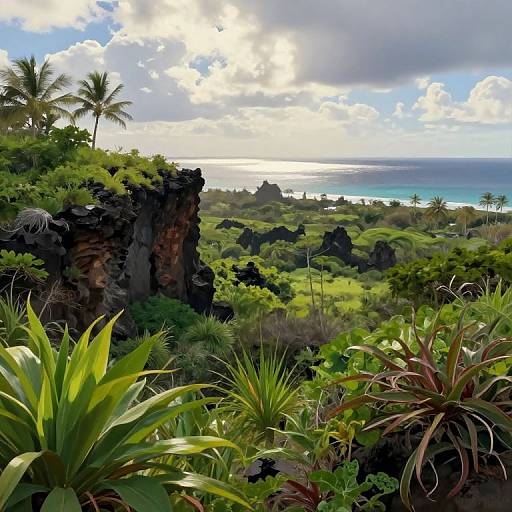 Photograph of lush tropical landscape with towering black rock formations, vibrant green foliage, palm trees, and a bright, cloudy sky over the ocean.