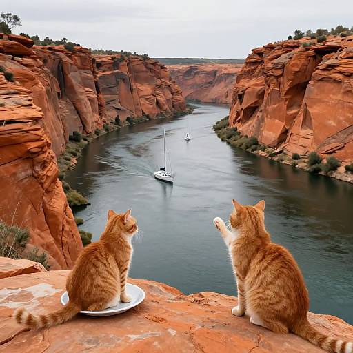 Photograph of two orange tabby cats sitting on a red rock ledge, overlooking a calm river with a sailboat in a canyon.