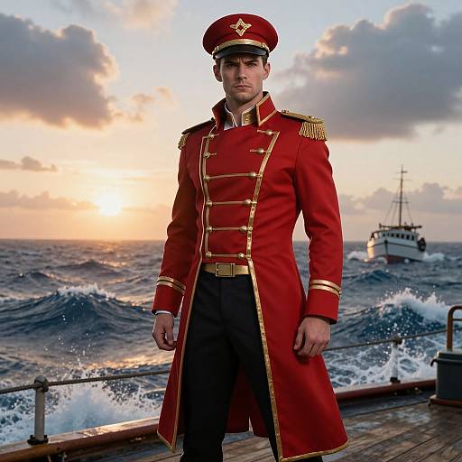Photograph of a stern-faced male naval officer in a red, gold-trimmed coat and hat, standing on a ship's deck at sunset,