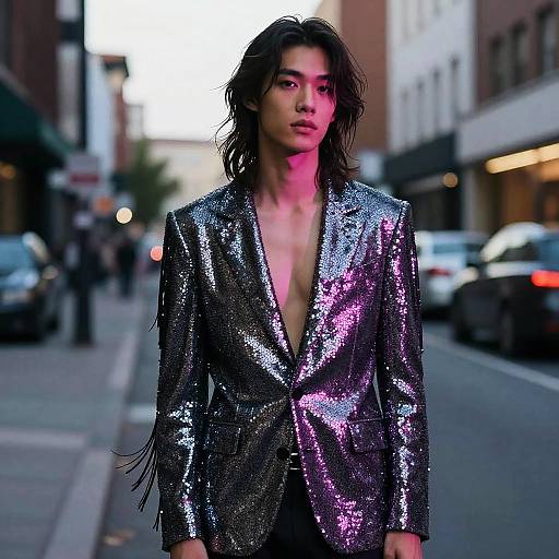 Male Model Long Fringe Sequin Blazer