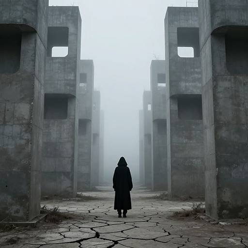 Silhouetted figure in a hooded cloak walks down a misty, cracked concrete corridor between tall, rectangular, windowless buildings. Photoreal