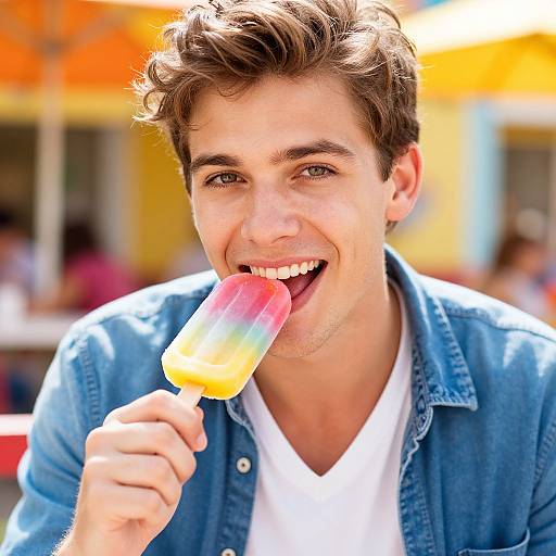 Photograph of a young man with wavy brown hair, smiling while licking a rainbow-colored popsicle, wearing a blue denim shirt over a white t
