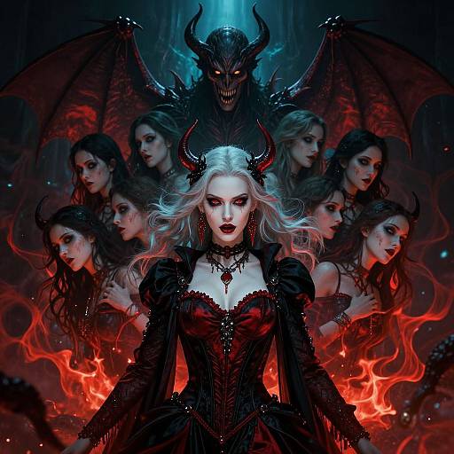 Digital artwork of a pale, white-haired demon queen with black horns, red eyes, and dark red dress, surrounded by shadowy, ghostly female