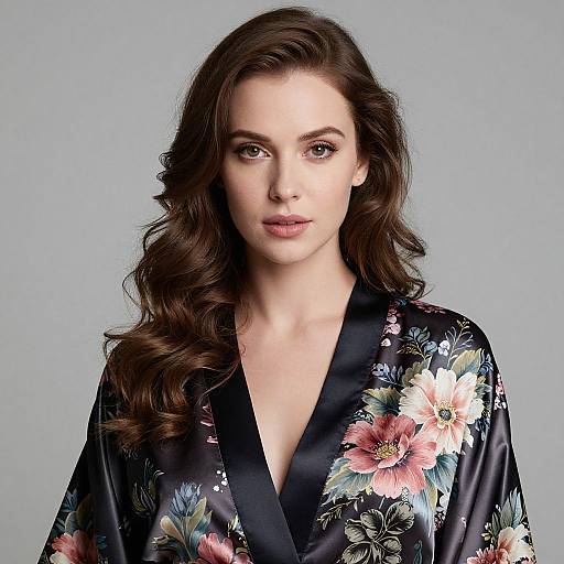 Photograph of a fair-skinned woman with long, wavy brown hair, wearing a black floral silk robe, against a plain gray background.