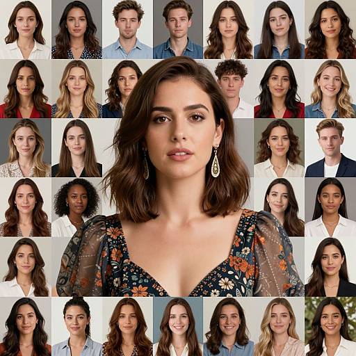 Photographic collage of 24 women with diverse ethnicities, various hairstyles, and clothing styles, centered on a woman with shoulder-length brown hair and floral