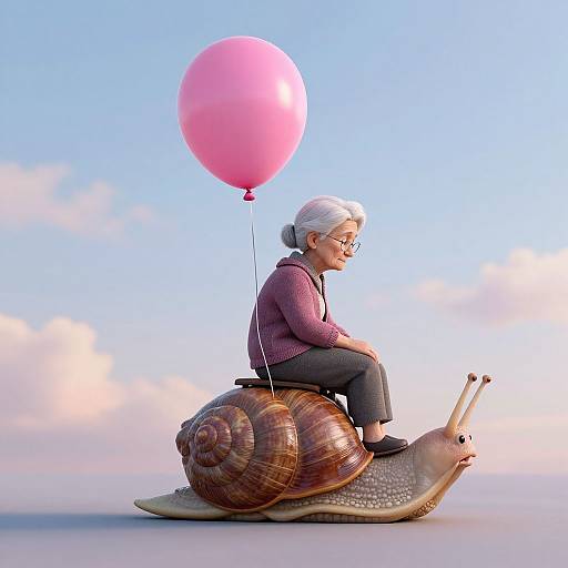 CGI image of an elderly woman with white hair, glasses, and purple sweater, riding a large snail with a pink balloon. Bright blue sky