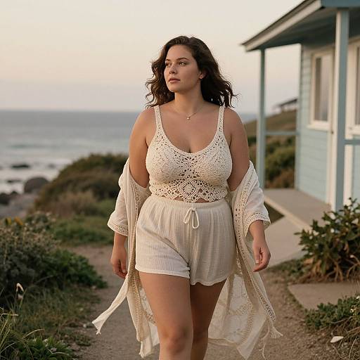Photograph of a curvy woman with wavy dark hair, wearing a white lace crop top and high-waisted shorts, walking on a coastal