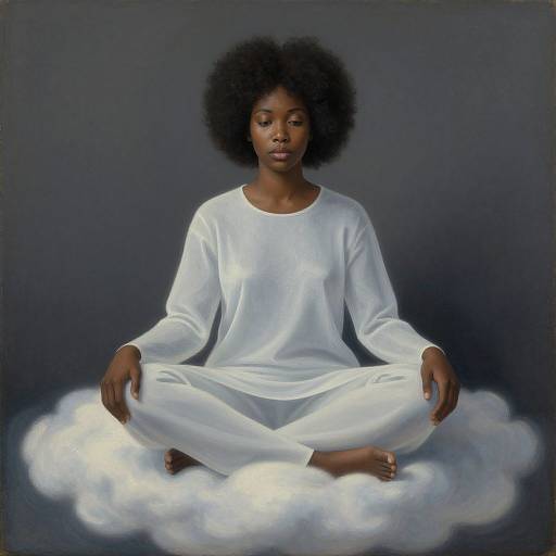 Photograph-like digital painting of a serene, dark-skinned woman with natural afro, wearing a white long-sleeve shirt and pants, sitting