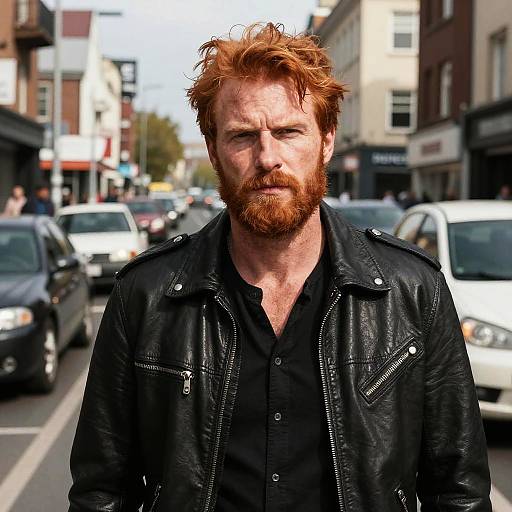 Photograph of a rugged red-haired man with a beard, wearing a black leather jacket over a black shirt, standing on a busy urban street with cars