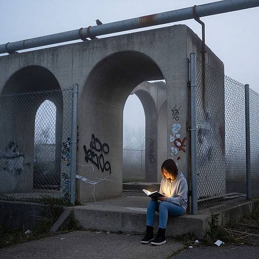 Photograph of a young person with short brown hair, wearing a white hoodie and blue jeans, sitting under a graffiti-covered concrete arch bridge at dusk,