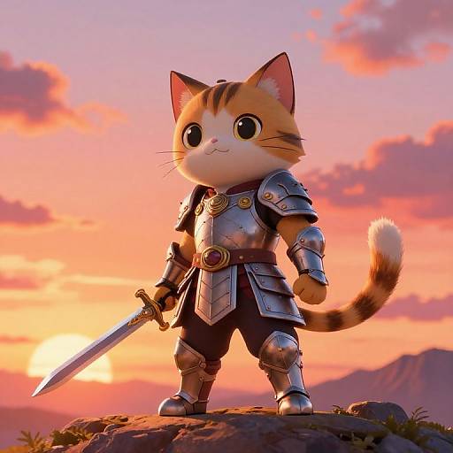 Chibi-style, anthropomorphic cat in silver armor with a sword, standing on a rock at sunset; colorful, pink-orange sky in background.