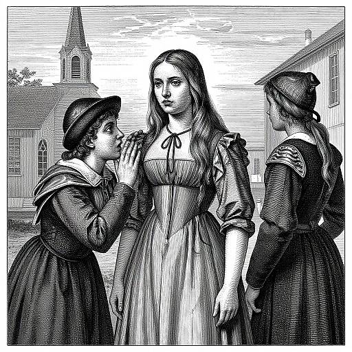 Black-and-white vintage illustration of three women in 19th-century dresses, one kneeling, talking to the central woman with long hair. Background includes a