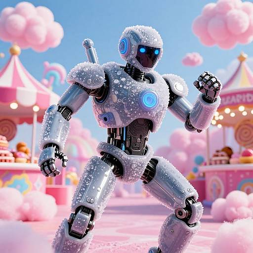 Digital CGI of a blue-eyed, snow-covered robotic warrior in a vibrant, candy-themed carnival background with pink clouds and colorful tents.