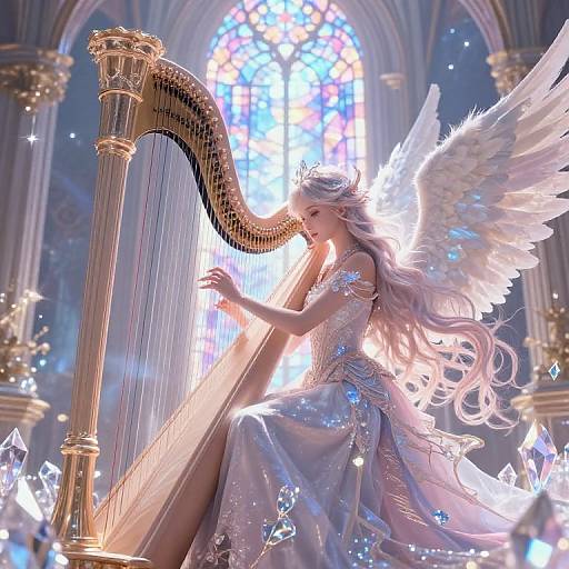 Angel with long white hair and wings playing a golden harp in a glowing, cathedral-like setting with stained glass and crystals.