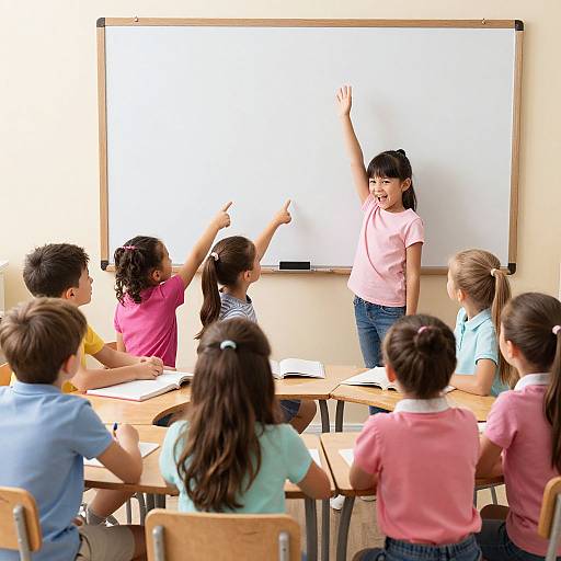 Photograph of a vibrant classroom: diverse group of young children with raised arms, listening to a smiling female teacher in a pink shirt pointing to a white