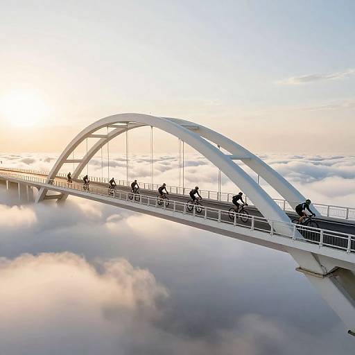 Cyclists on Arched Bridge at Sunset