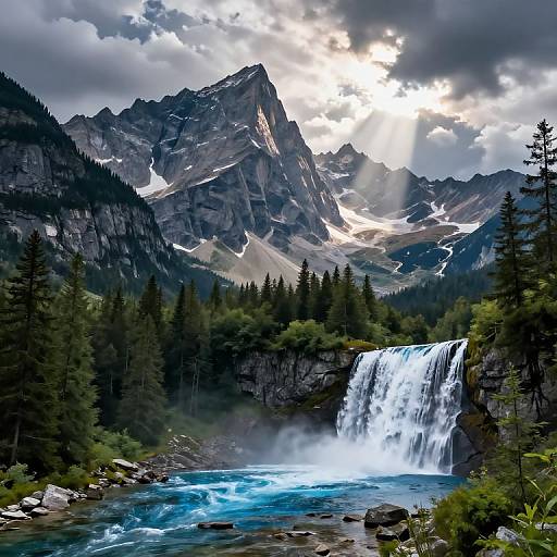 Photograph of a majestic mountain range with a powerful waterfall cascading into a turquoise river, surrounded by dense evergreen forest under a dramatic, cloud-filled