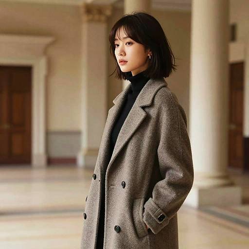 Photograph of an Asian woman with short black hair, wearing a gray double-breasted coat, standing in a sunlit, elegant hallway.