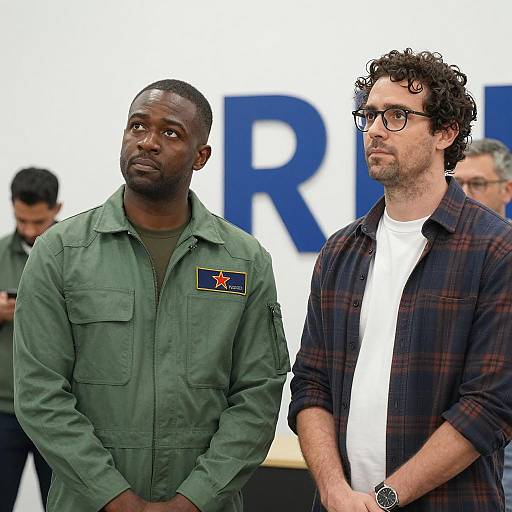 Two Men Standing Indoors Focused