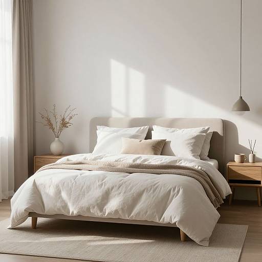 Photograph of a modern, minimalist bedroom with a white bed, beige blankets, two wooden nightstands, a vase of dried flowers, and a hanging