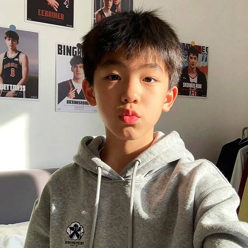 Photograph of an Asian boy with short black hair, wearing a grey hoodie, pouting lips, standing in front of basketball posters on a white wall