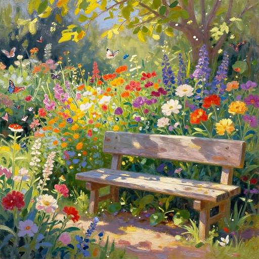 Vibrant digital painting of a wooden bench in a sunlit, colorful garden filled with blooming flowers and fluttering butterflies.