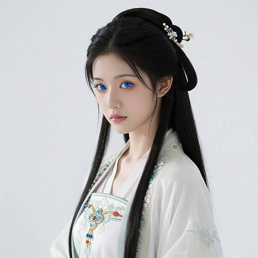 Digital artwork of a young Asian woman with long black hair, blue eyes, wearing a white, embroidered traditional kimono, against a white background.