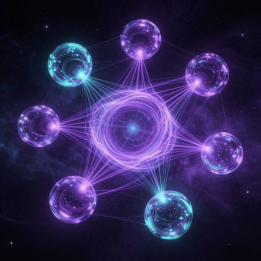 Digital art of glowing, translucent purple and blue spheres connected by neon lines against a starry, dark cosmic background.