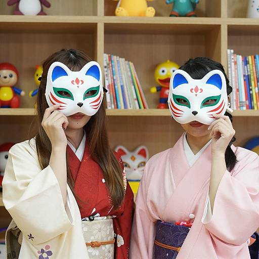 Asian Women in Kimonos with Fox Masks