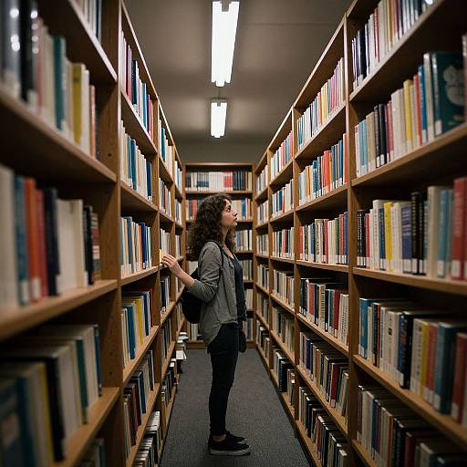 Photograph of a curly-haired woman in a gray jacket and black pants, standing in a narrow, brightly-lit library aisle, reaching for books on