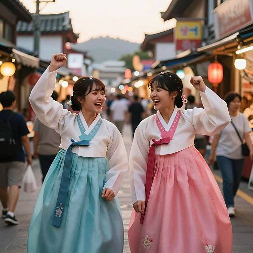 Photograph of two smiling Korean women in traditional hanboks, one in blue and one in pink, fist-pumping on a bustling street.