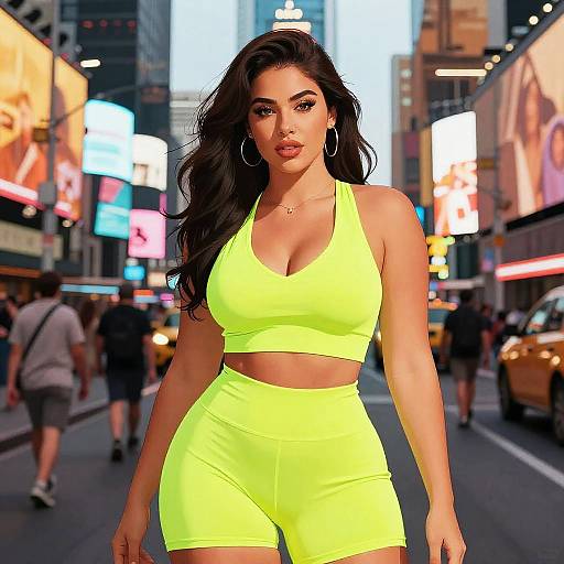 Photograph of a confident, curvy woman with long dark hair, wearing a neon yellow sports bra and shorts, standing on a brightly lit, bustling