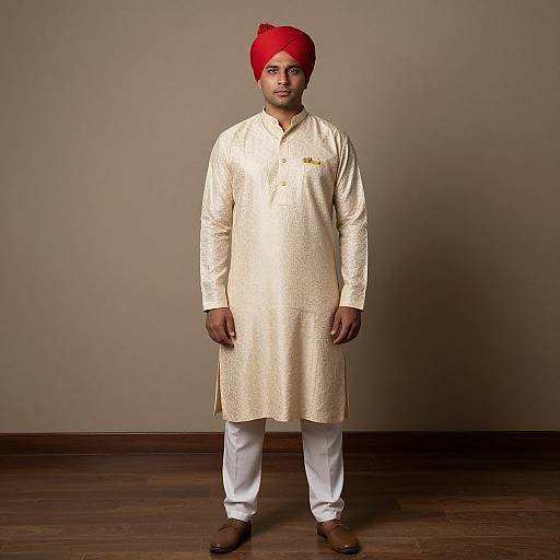 Photograph of a South Asian man standing, wearing a cream traditional kurta, white pants, brown shoes, and a bright red turban, against