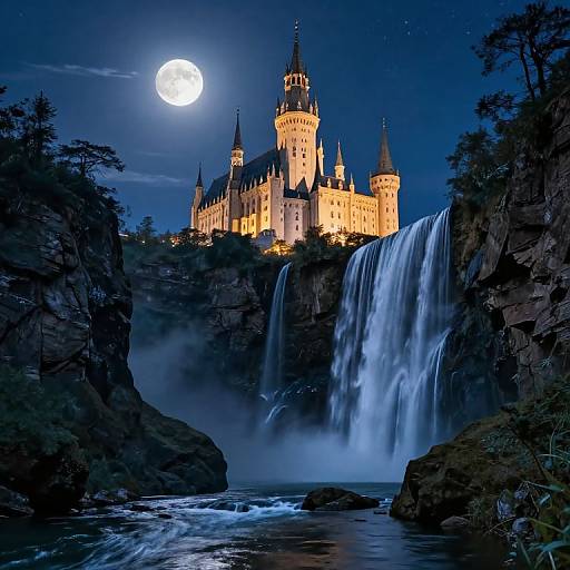 Photograph of a glowing castle illuminated by moonlight, perched atop a waterfall under a starry night sky, surrounded by dark, rocky cliffs.