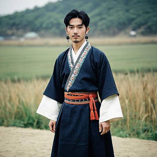 Young Man in Traditional Korean Folk Costume Outdoors