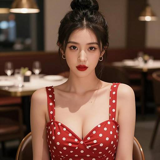 Woman in Red Polka Dot Dress in Restaurant
