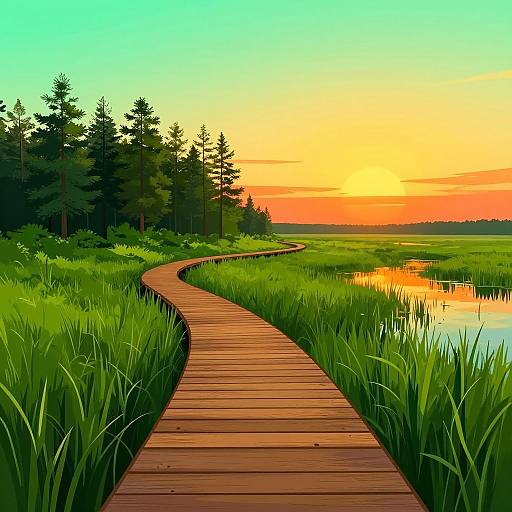 Toon Sunset Boardwalk in Wetlands