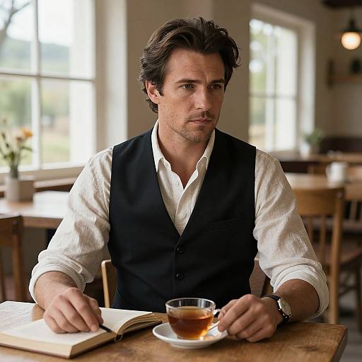 Photograph of a handsome, dark-haired man in a white shirt and black vest, sitting at a wooden table with a book and tea cup, in
