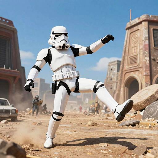 Digital CGI of a white Stormtrooper kicking up dust in a war-torn, rubble-filled urban battlefield with destroyed buildings and other troopers in the