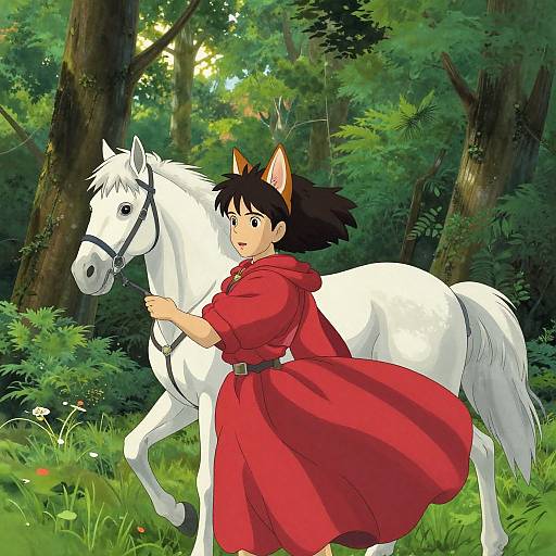 Anime-style digital drawing: Girl with fox ears in red dress holds white horse's reins in lush forest, sunlight filtering through trees.