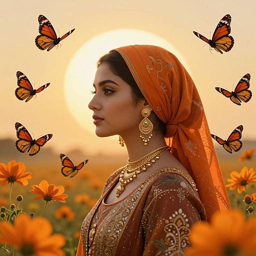 Photograph of a South Asian woman in an orange saree with gold jewelry, surrounded by orange flowers and butterflies, at sunset.